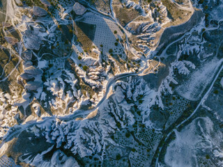 Obraz premium Cappadocia landscape in Cappadocia travel, aerial top view. Adventure in Turkey tourist destination Cappadocia valley