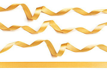 Set of golden wavy ribbons isolated on white. Holidays decoration concept.