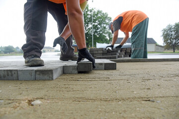 Builders lay concrete tiles, carry out road works.