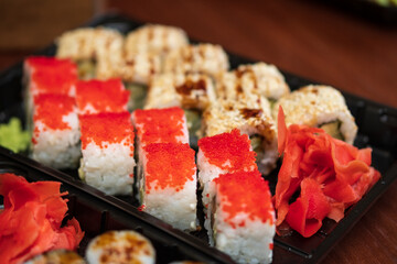 A set of sushi with different fillings and names