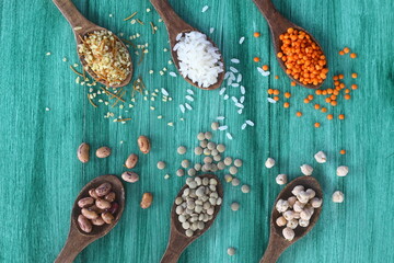 Different type of raw dry legumes composition. White Rice, lentils, red lentils, chickpeas and kidney beans. Mix organic legume concept
