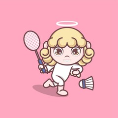 cute cartoon angel playing badminton. vector illustration for mascot logo or sticker