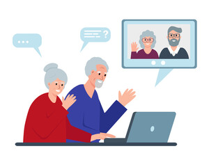 Internet communication of Senior elderly people using computer. Old men and women stay home and have online meeting on Quarantine Isolation. Flat or cartoon character vector illustration.
