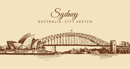 Sketch of a Sydney Opera Theatre and bridge, hand-drawn.	