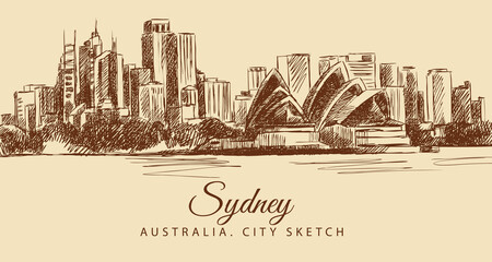 Sketch of a Sydney Opera Theatre and skyscrapers, hand-drawn.	