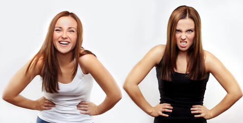 two moods. angry girl and happy girl standing side by side - obrazy, fototapety, plakaty