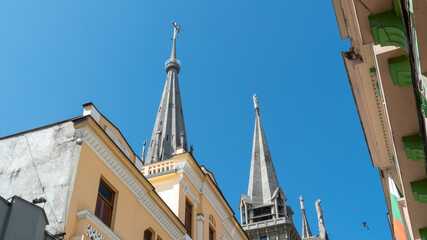 Fototapeta na wymiar Manizales, Caldas, Colombia. January 20, 2020: Manizales Cathedral and its facade with blue sky.