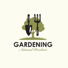 gardening emblem with trowel spade, garden fork and green tree - obrazy, fototapety, plakaty