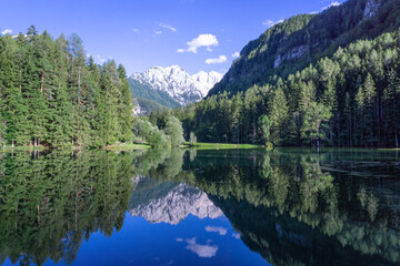 Fototapeta na wymiar Lake with Slovenian Alps in background and the reflection of mountains in the water