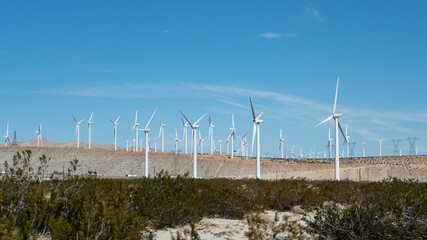 Wind Turbine farm in southern California desert - alternative energy source