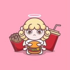 cute cartoon angel with burger, fries and soft drink. vector illustration for mascot logo or sticker