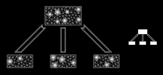 Glossy polygonal mesh net hierarchy links icon with glitter effect on a black background. Network hierarchy links iconic vector with glamour spheres in magic colors.