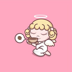 cute cartoon angel enjoying a cup of coffee. vector illustration for mascot logo or sticker