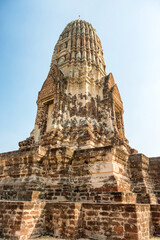 Brick ruins of main prang of ancient buddhist temple Wat Ratchaburana. Ayutthaya historical park, Thailand