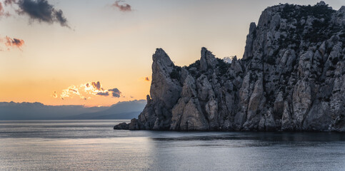 Panoramic picture of evening sunset over the Caraul-Oba mountain, Novy Svet, Crimea