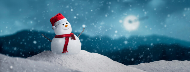 Concept - happy snowman with Santa hat in the north pole snow on a beautiful Christmas night