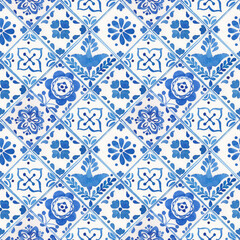 Watercolor blue style porcelain seamless pattern, dutch ceramic tiling ornament. Old fashion hand-drawn rustic floral motifs. Stylized flowers on a background in cells.
