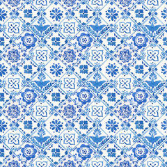 Watercolor blue seamless pattern, dutch ornament. Mexican patchwork. Old fashion hand-drawn rustic floral motifs. Stylized flowers on a background in cells. Pattern for wallpaper, fabric, packaging.