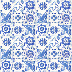 Modèle sans couture de porcelaine de style bleu aquarelle, ornement de carrelage en céramique néerlandais. Motifs floraux rustiques dessinés à la main à l& 39 ancienne. Fleurs stylisées sur fond de cellules.