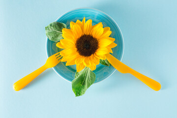Sunflower on blue pastel background. Minimal concept for diet, healthy eating and romantic dating.