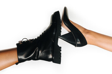 Shoes vs boots on a white background. Choosing what to wear for the evening, elegant or comfortable?