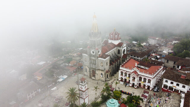Aerial view of  San Francisco de Asis church in Cuetzalan Puebla Mexico