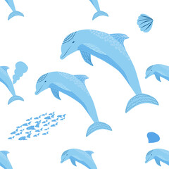 Dolphin, sea inhabitants seamless pattern, beautiful character among seashells, algae, starfish, marine wildlife
