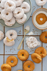 Overhead view making glazed choux pastry donuts