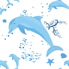 Dolphin, sea inhabitants seamless pattern, beautiful character among seashells, algae, starfish, marine wildlife