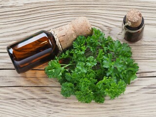 Fresh green curly parsley leaves, essential oil, tincture in a bottles on a wooden table, flat layout. Useful aromatic plant petroselinum crispum for use in cooking, herbal medicine and cosmetology