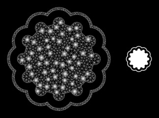 Glossy polygonal mesh net inner gear icon with glare effect on a black background. Wire frame inner gear iconic vector with glowing dots in bright colors.