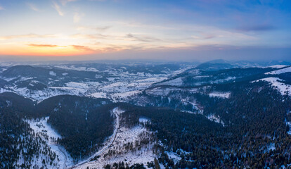 Aerial view of the mystical landscape of a winter