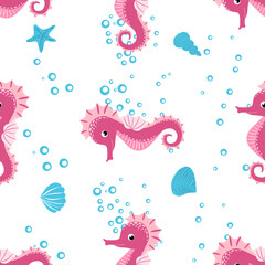 Seahorse, sea inhabitants seamless pattern, beautiful character among seashells, seaweed, starfish, marine