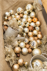 Many golden christmas tree balls