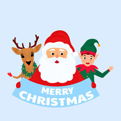 Elf, Santa Claus and deer. Greeting card for New Year and Christmas