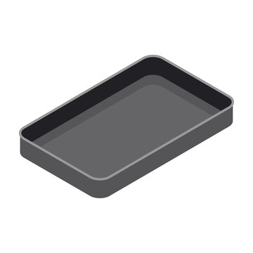 Metal rectangular baking tray for baking meat, fish, cake, pie or other food, isometric style. Isolated on white background.