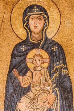 Kutaisi, Georgia. Golden Mosaic With Image Of Our Lady With Child In Gelati Monastery