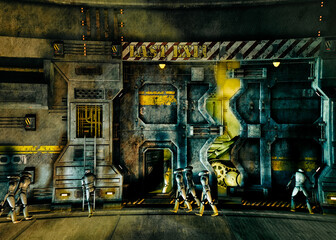 3D Illustration. Futuristic weapons factory run by humanoid robots. 