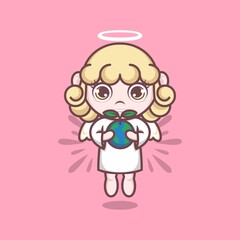 cute cartoon angel holding globe and plant shoots. vector illustration for mascot logo or sticker