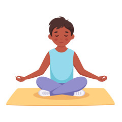 Boy meditating in lotus pose. Gymnastic, yoga and meditation for children. Vector illustration