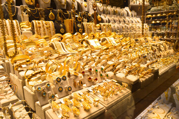 Bracelets on a show window jewelry store, turkish gold shop