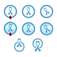 Icon set of blue awareness ribbons. Diabetes day, men’s health, prostate health.