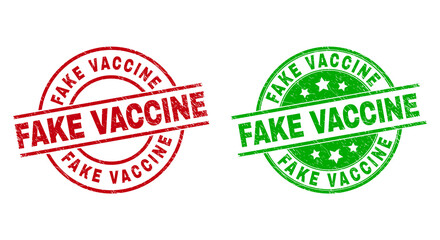 Round FAKE VACCINE watermarks. Flat vector scratched seal stamps with FAKE VACCINE caption inside circle and lines, using red and green colors. Watermarks with grunge style.
