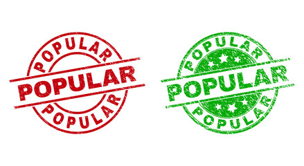 Round POPULAR stamp badges. Flat vector grunge badges with POPULAR text inside circle and lines, in red and green colors. Stamp imprints with corroded surface.