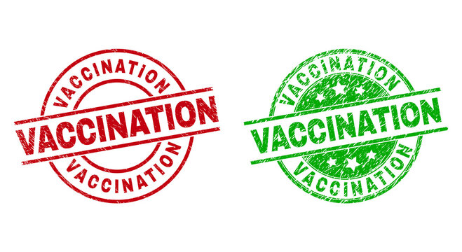 Round VACCINATION seal stamps. Flat vector scratched seal stamps with VACCINATION title inside circle and lines, using red and green colors. Watermarks with grunge texture.