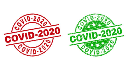 Round COVID-2020 stamps. Flat vector scratched seal stamps with COVID-2020 text inside circle and lines, using red and green colors. Watermarks with distress surface.