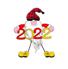 A cute Christmas gnome in a red suit and yellow boots holding the number 2022 drawn in a cartoon style. Stock vector illustration isolated on white background.