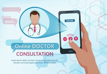 Online consultation doctor. Online live doctor consults and helps the patient. Website application design for medicine and healthcare. Medical assistance and diagnostics via the Internet. Vector