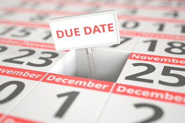 DUE DATE sign on November 24 in a calendar, 3d rendering