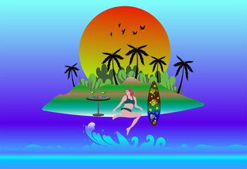 Fototapeta na wymiar woman on the beach with waves and surfboard in island background flat illustration vector